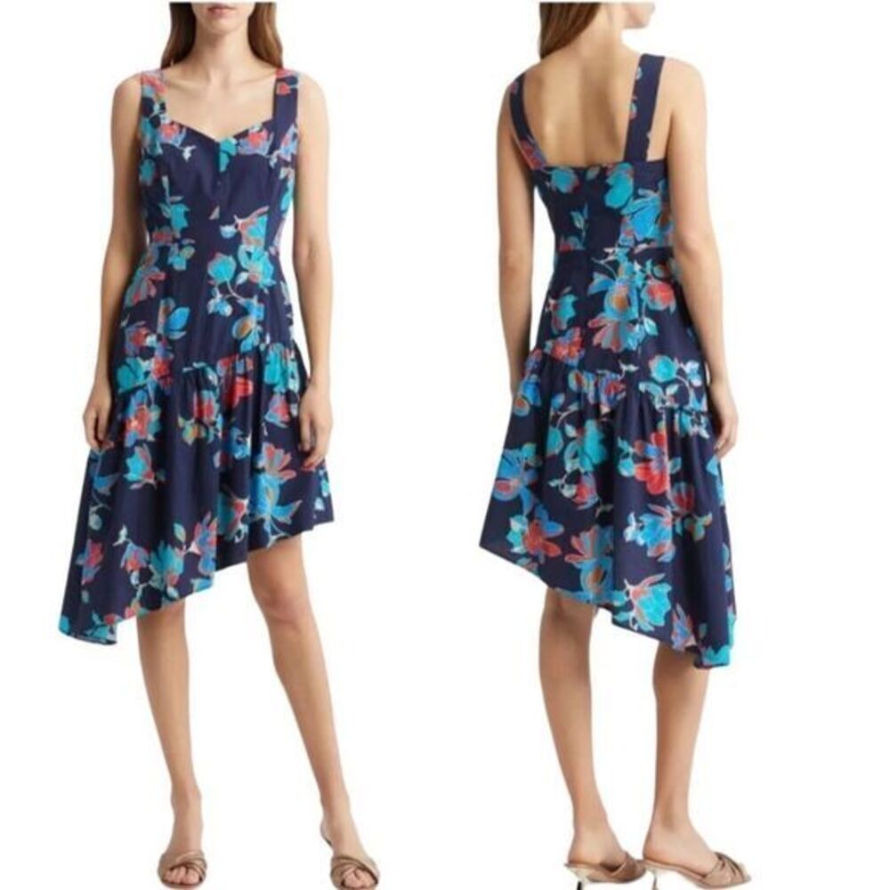 DU‎ PARADIS Summer Night DRESS Sz SMALL FLORAL Asymmetric Hem Tropical Midi NWT